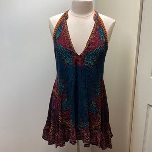 FREE PEOPLE SZ S Boho Tribal Print V Neck Flowing Mini Dress